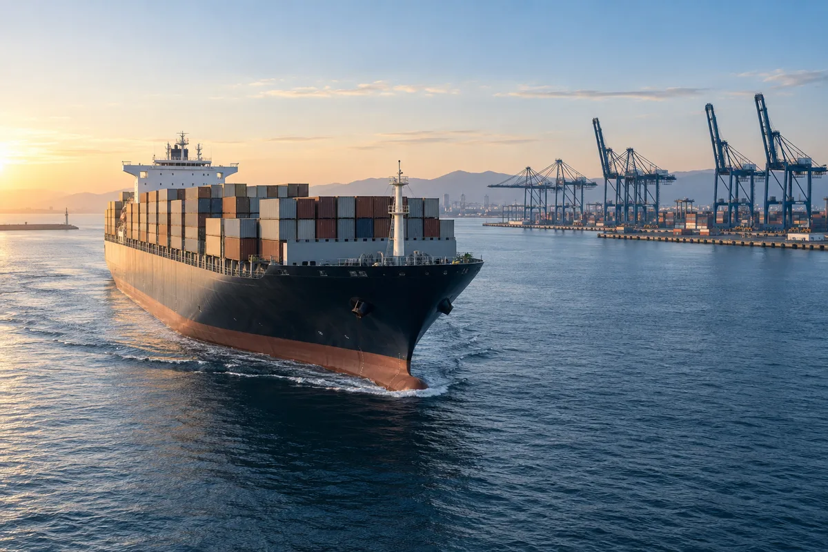Container vessel approaching a port, illustrating international ocean transport